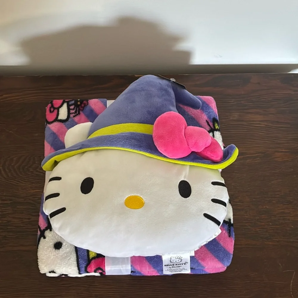 NWT- Halloween Hello Kitty Witch Hat Pillow Plush & Throw Blanket 45x55 Set